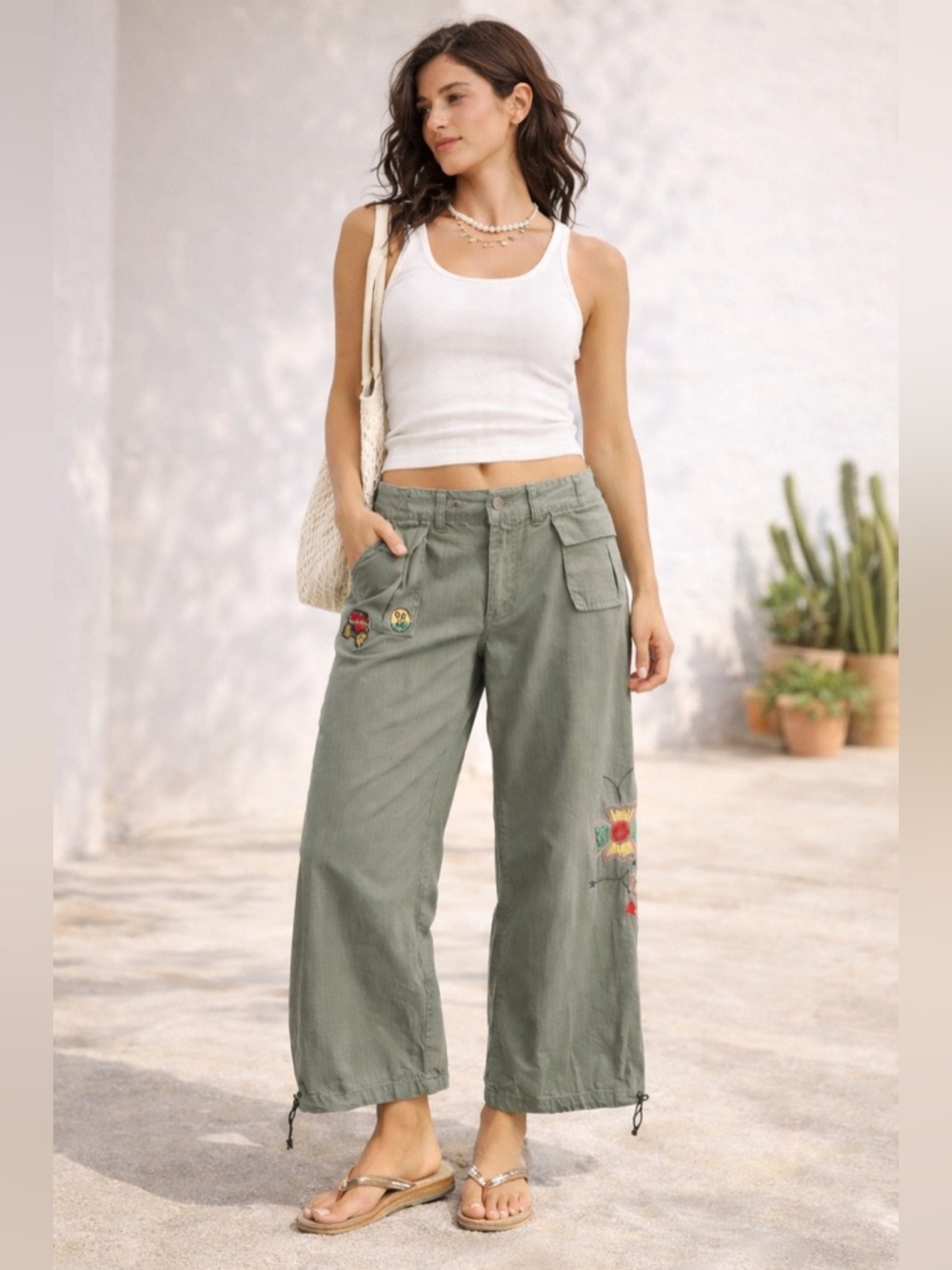 Y2K Utility Cargo Convertible Wide Leg Cotton Patch Pants AE Sport Sz 18